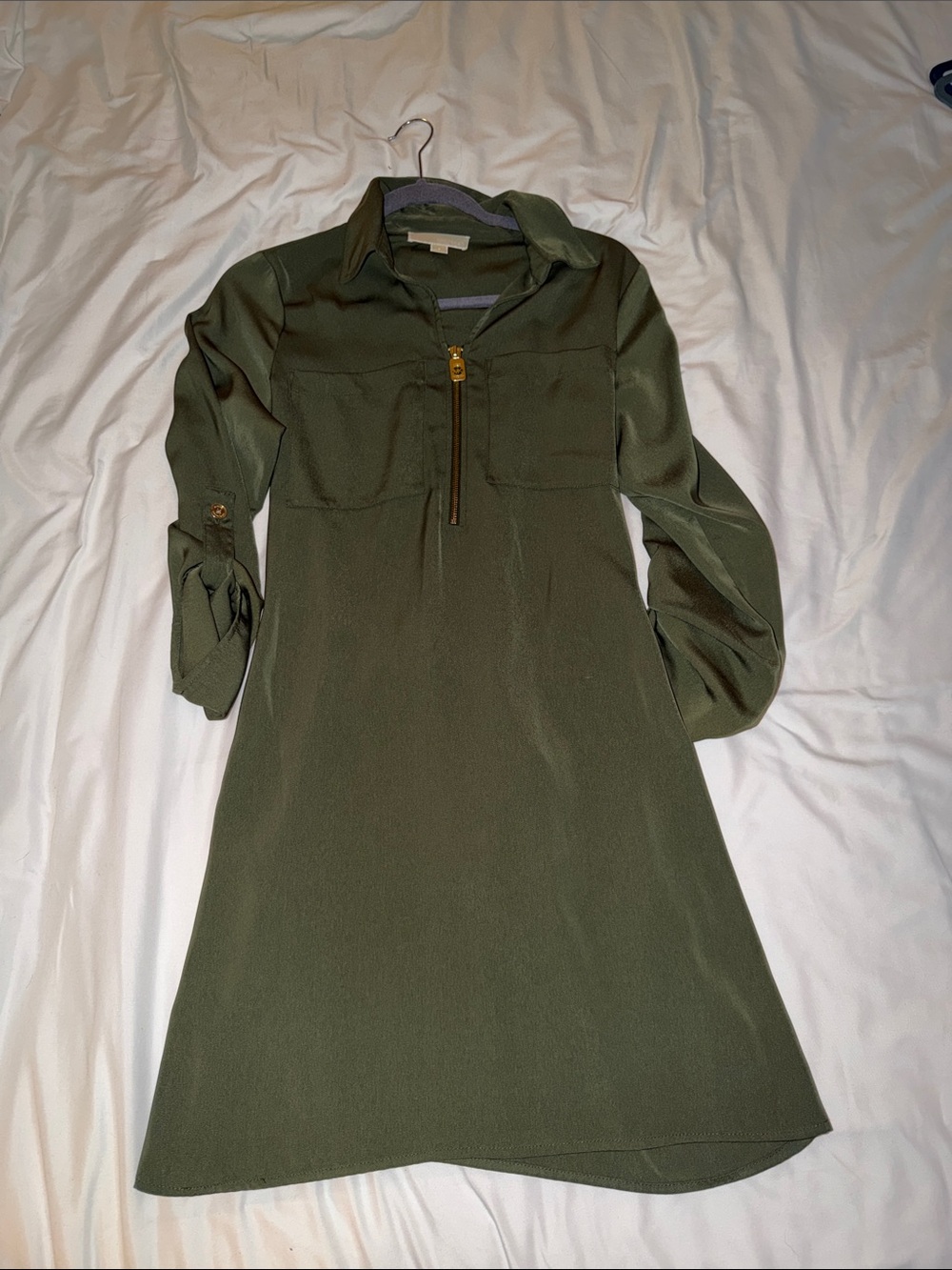 Michael Kors Olive Green Long Sleeve Shirt Dress with Front Zip